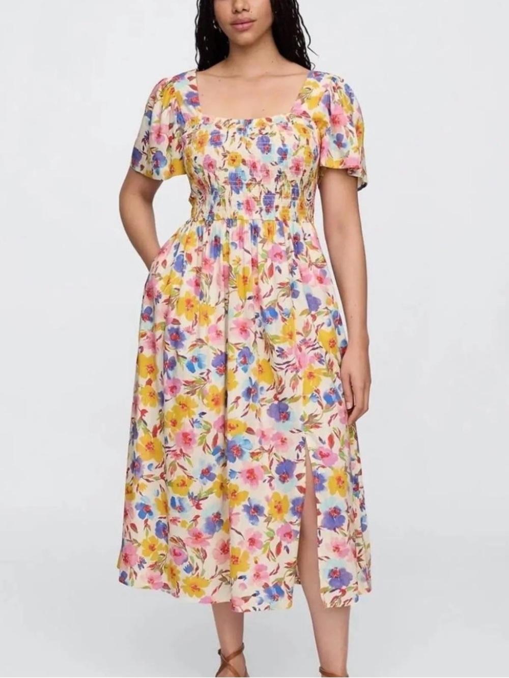 GAP Size Medium Floral Smocked Short Sleeve Midi Sundress with Pockets Cotton